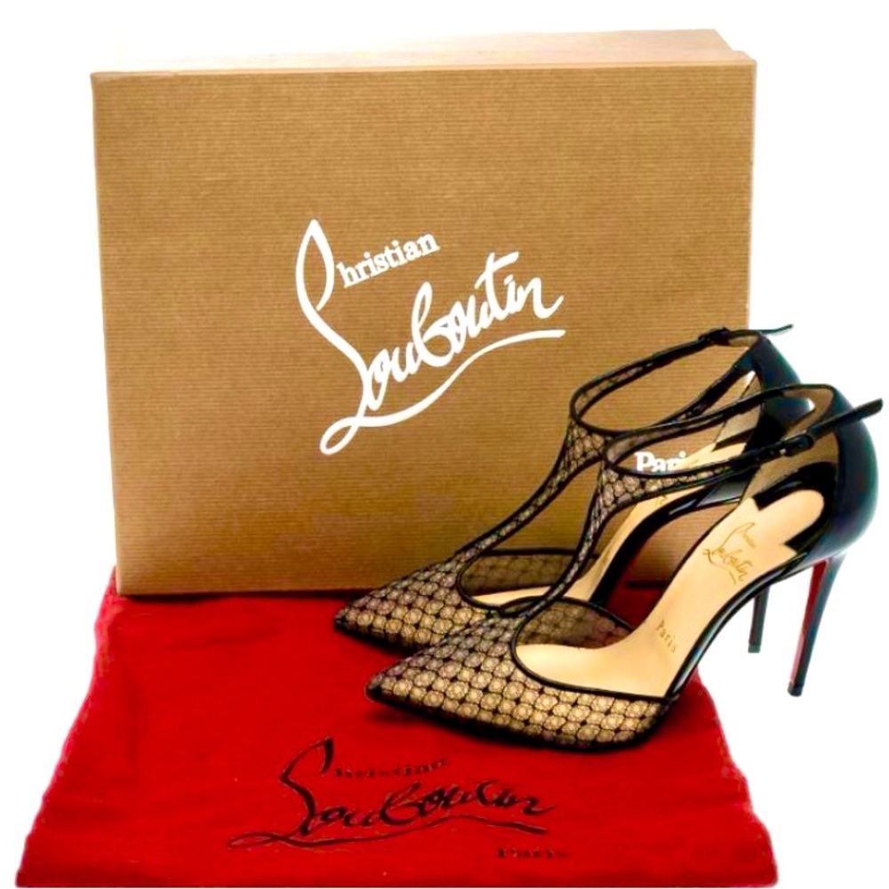 Christian Louboutin Black Lace Mesh Saluno T Strap 100 - New Size 37 Authentic